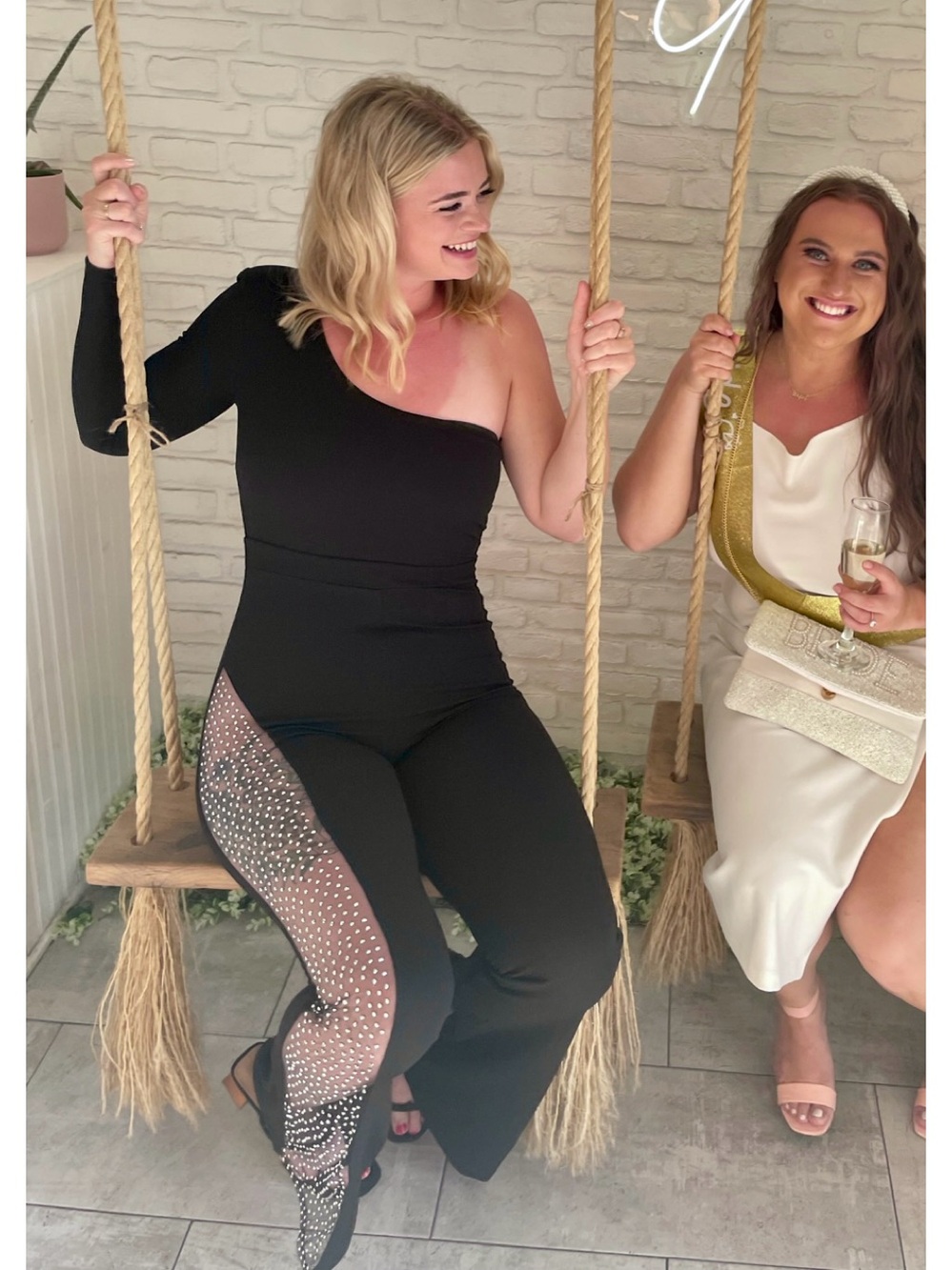 One-Shoulder Black Jumpsuit with Embellished Leg